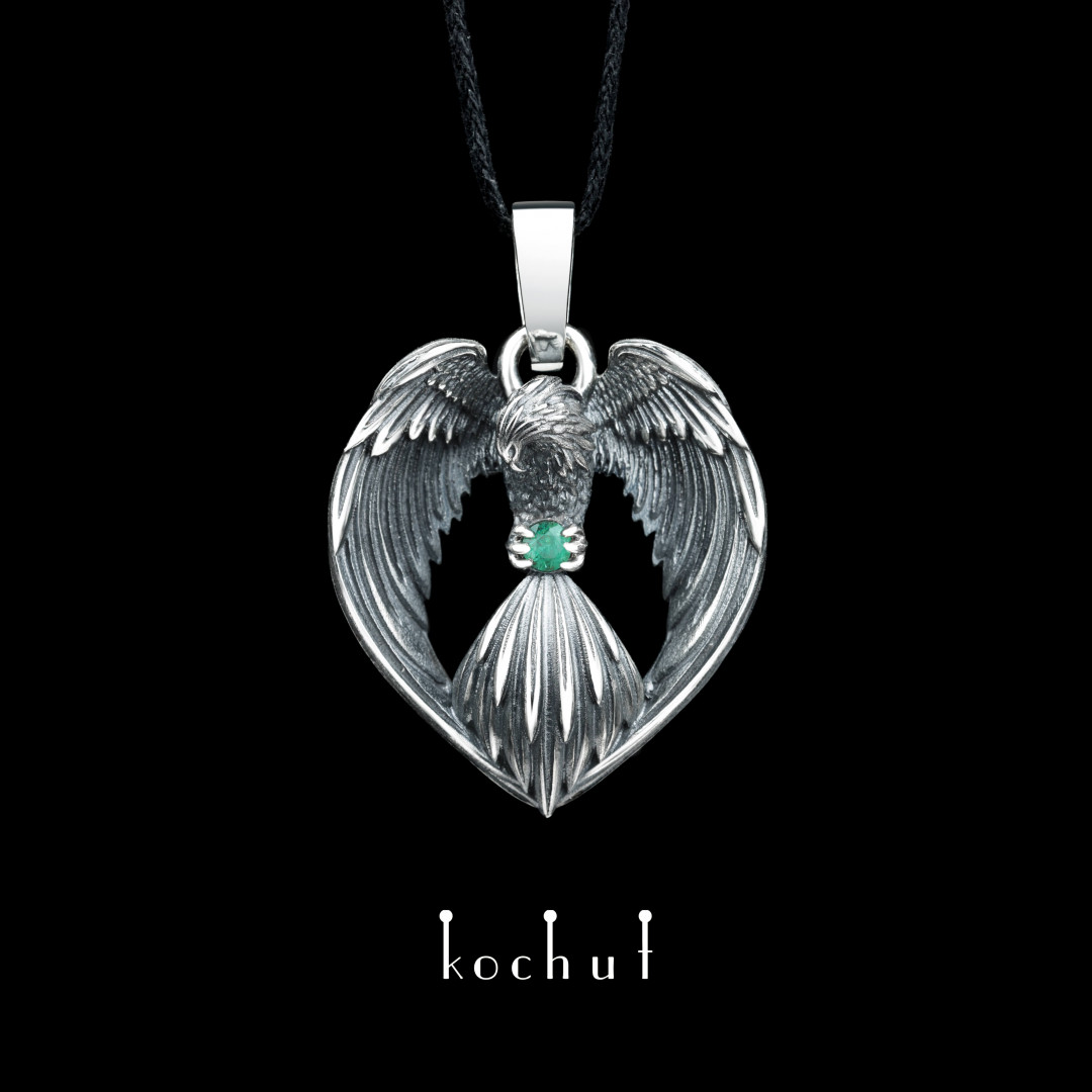 Pendant Phoenix | Silver, oxidized, emerald
